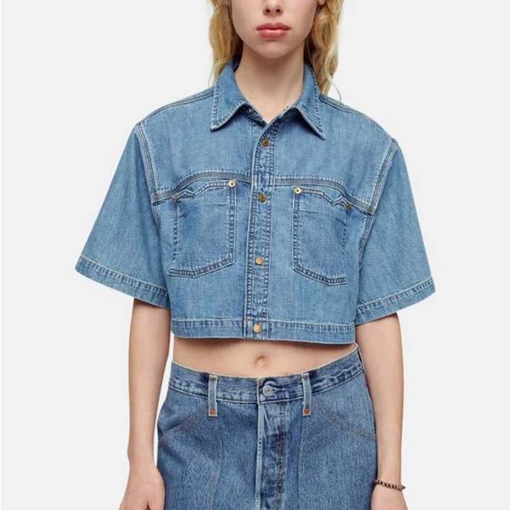 RE/DONE Cropped Short Sleeve Denim Shirt - Stoned Ciel